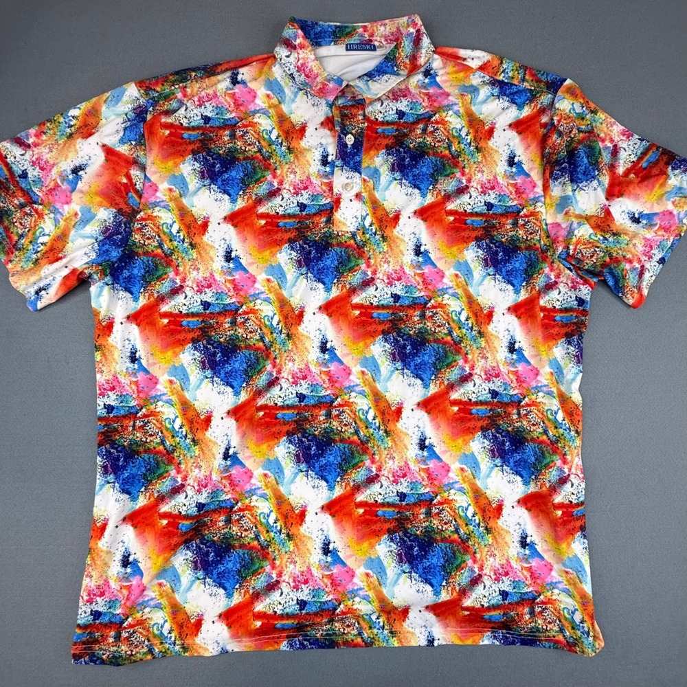 Hreski Polo Shirt Men XXL‎ Multicolor Abstract Paint Splatter Golf Performance